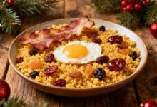 crie uma imagem para esse titulo Farofa Natalina com Bacon, Ovos e Frutas Secas