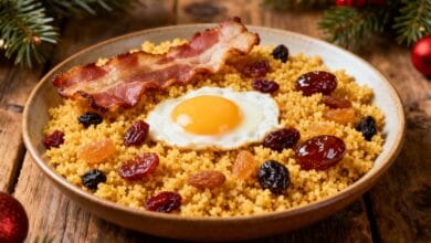 crie uma imagem para esse titulo Farofa Natalina com Bacon, Ovos e Frutas Secas