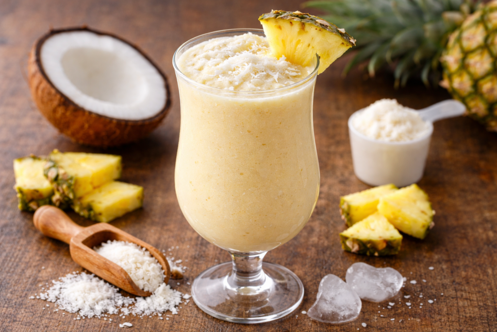 Bebida proteica tropical de manga com coco — refrescante, cremosa e perfeita para dias quentes.